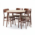 Conjunto de mesa redonda de madeira com quatro cadeiras em tom noz