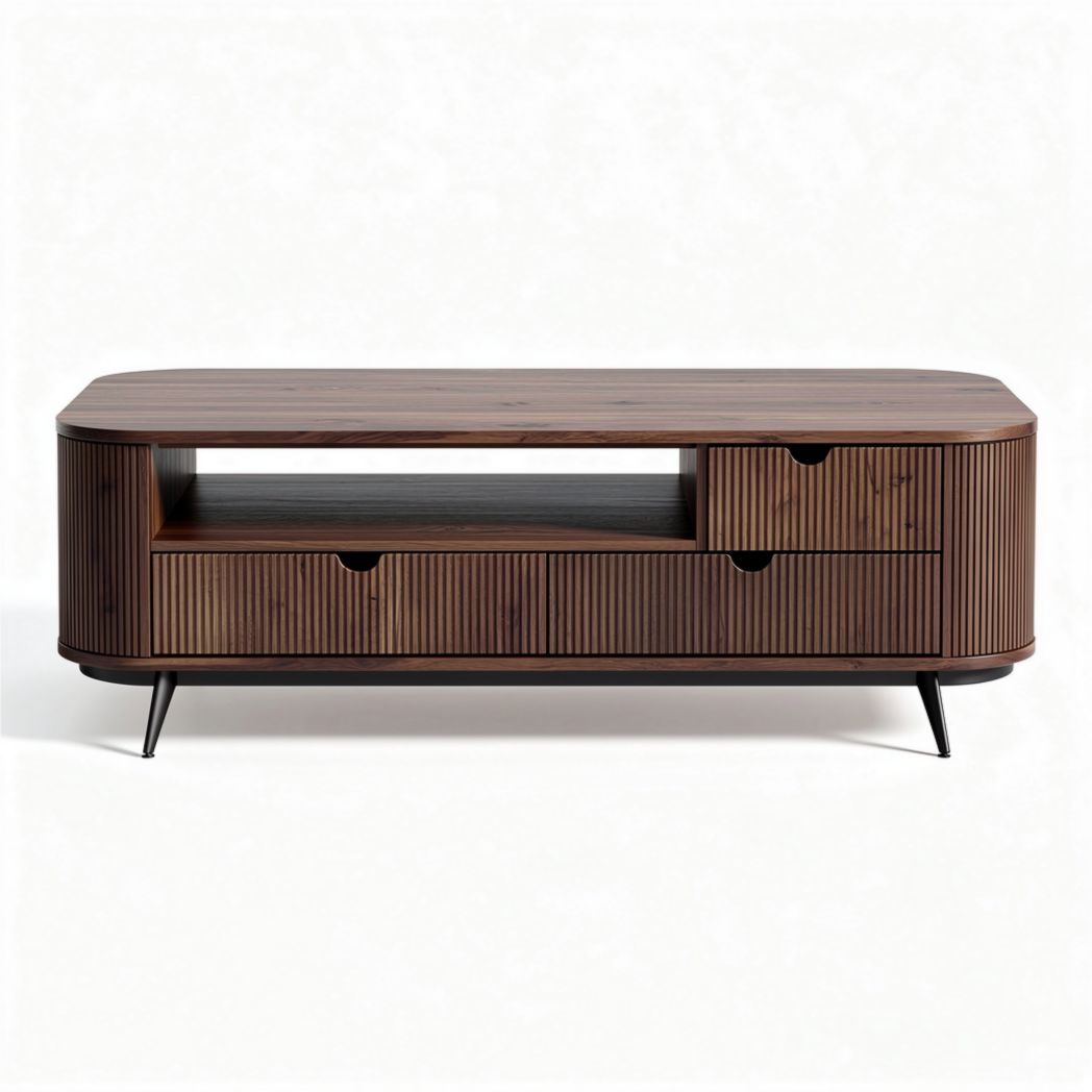 Mesa de centro em madeira escura com gavetas e prateleira 120 x 60 x 45cm