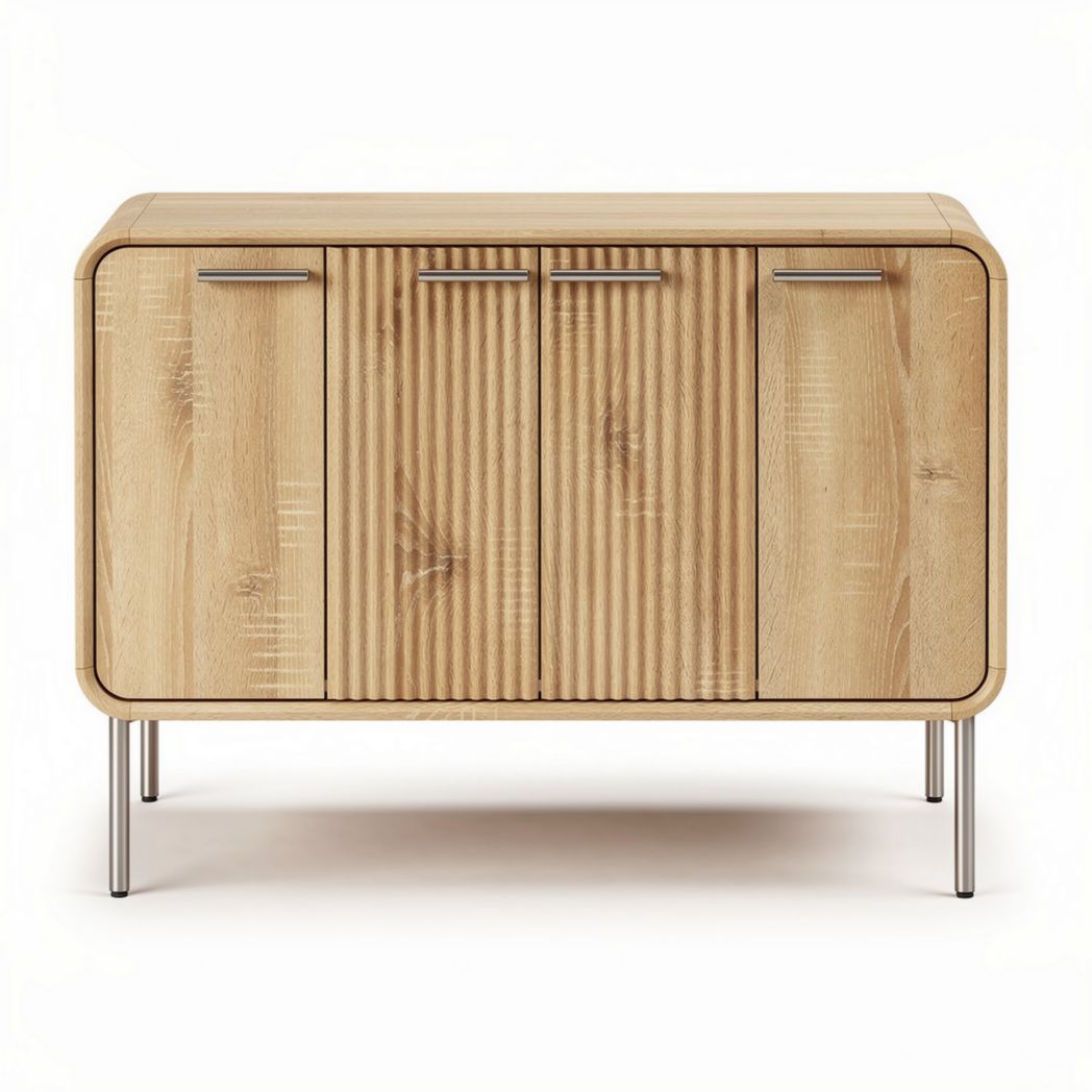 Aparador de madeira em tom claro com portas de ripas 90 x 40 x 75cm